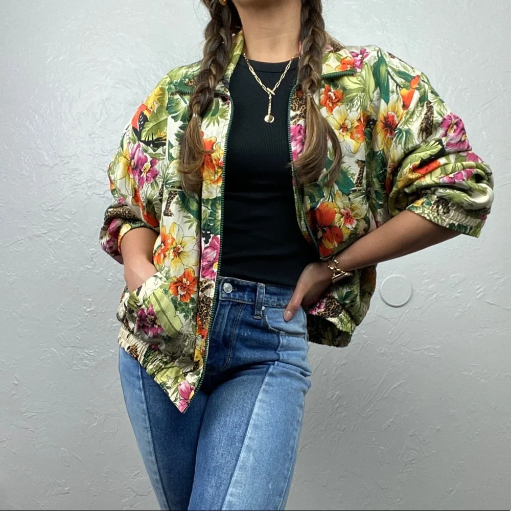 Vintage Atlantic Beach silk floral/leopard windbreaker jacket 90’s streetstyle M